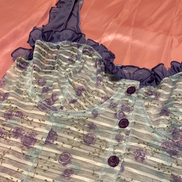 Y2K Blue Rose See-Through Ruffle Crop Top w/Underwire - Picture 2 of 5